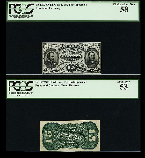 Fr.1272 SP, 1863 15 Cent Grant-Sherman Narrow Specimen Pair, AU & Choice AU, PMG-58 & PMG-53